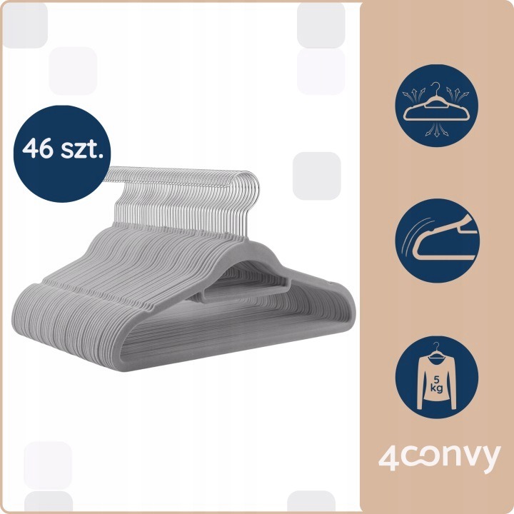 Sivá sada 46 velúrových vešiakov 4CONVY, šírka 45 cm, otočný háčik
