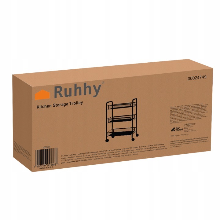 Ruhhy 00024749 – čierny kovový vozík s 3 košmi, 65 × 44 × 25 cm