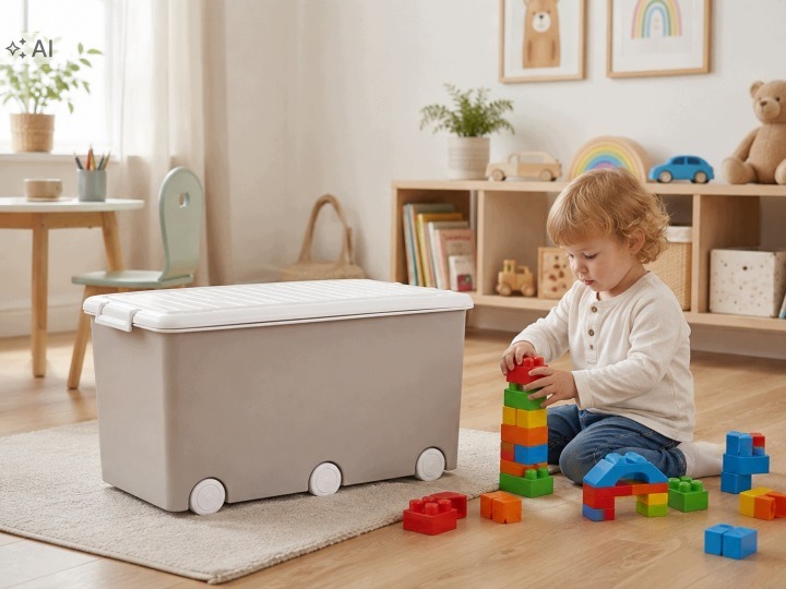 Béžové boxy Tega Baby na hračky – 2 × 60 l, s kolieskami
