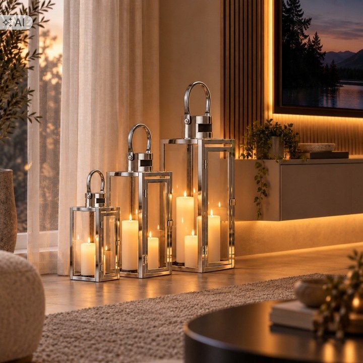Sada troch strieborných lampášov Aptel 65, 50 a 38 cm