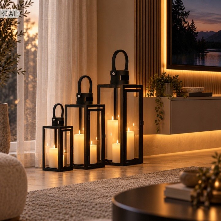Sada troch čiernych lampášov Aptel 65, 50 a 38 cm