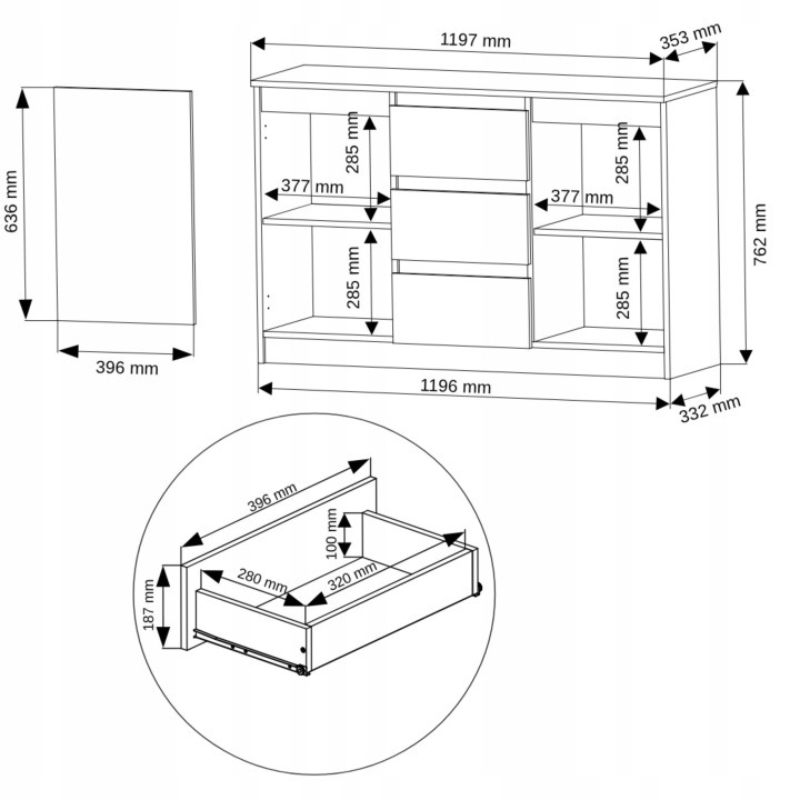 Framire R-120-S3 – biela komoda 120 cm s tromi zásuvkami