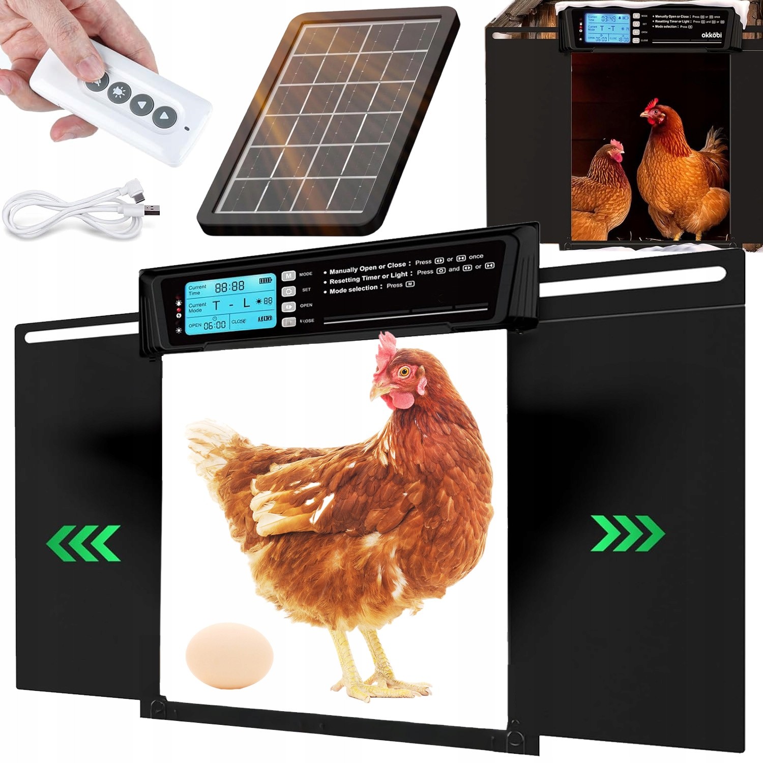 AUTOMATICKÉ DVERE PRE KURIČOVÚ CHATKU S ČASOVAČOM, SVETELNÝM SENZOROM A SOLÁRNYM PANELOM