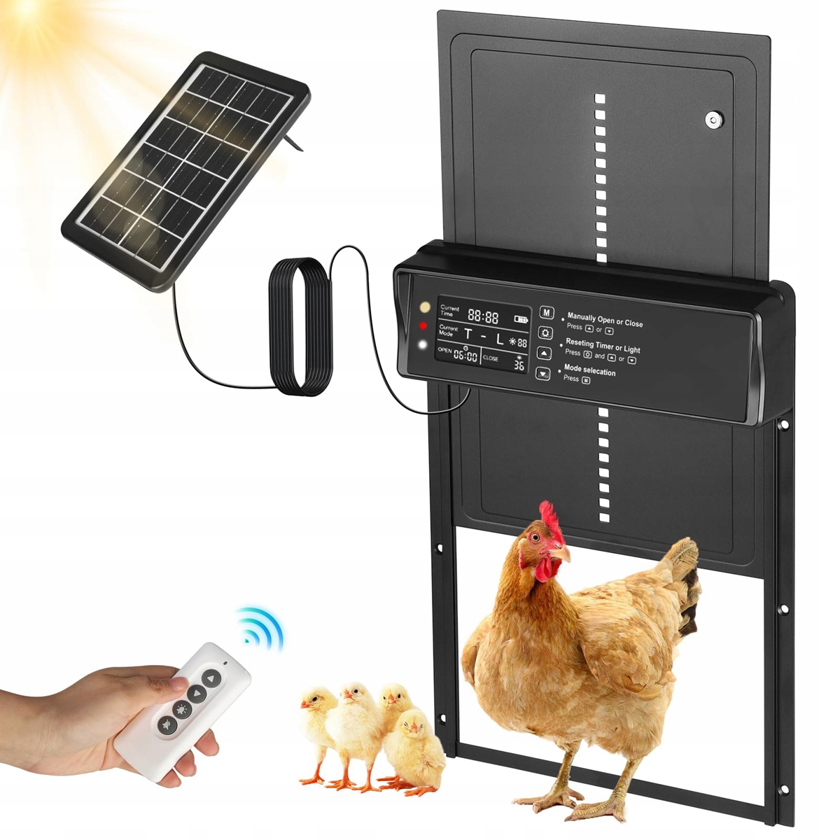 AUTOMATICKÉ SOLÁRNE DVERE DO KURACIEHO CHATKY 2000mAh VODOTESNÉ S ČASOVAČOM + DIAĽKOVÉ OVLÁDANIE