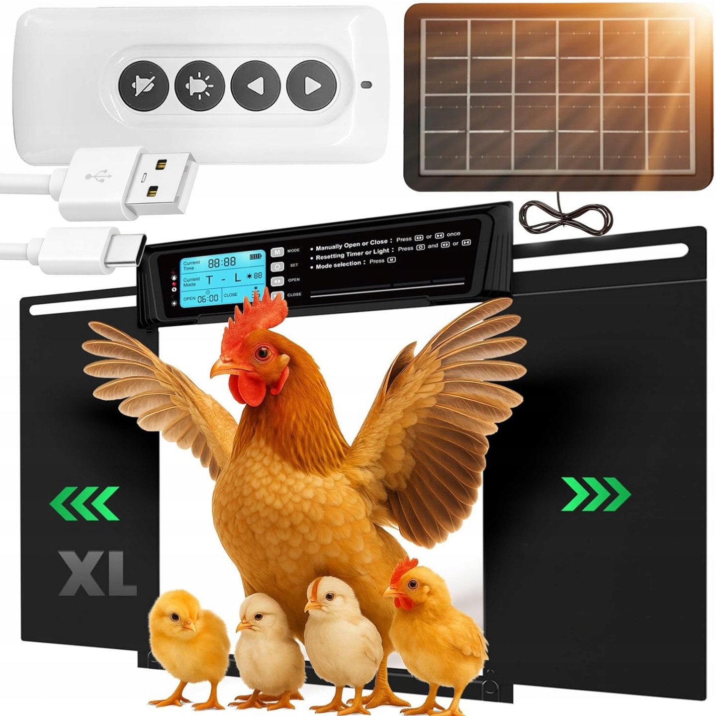 Automatické XL dvierka pre kurník OKKÖBI s LCD, diaľkovým ovládaním, batériou 2000 mAh