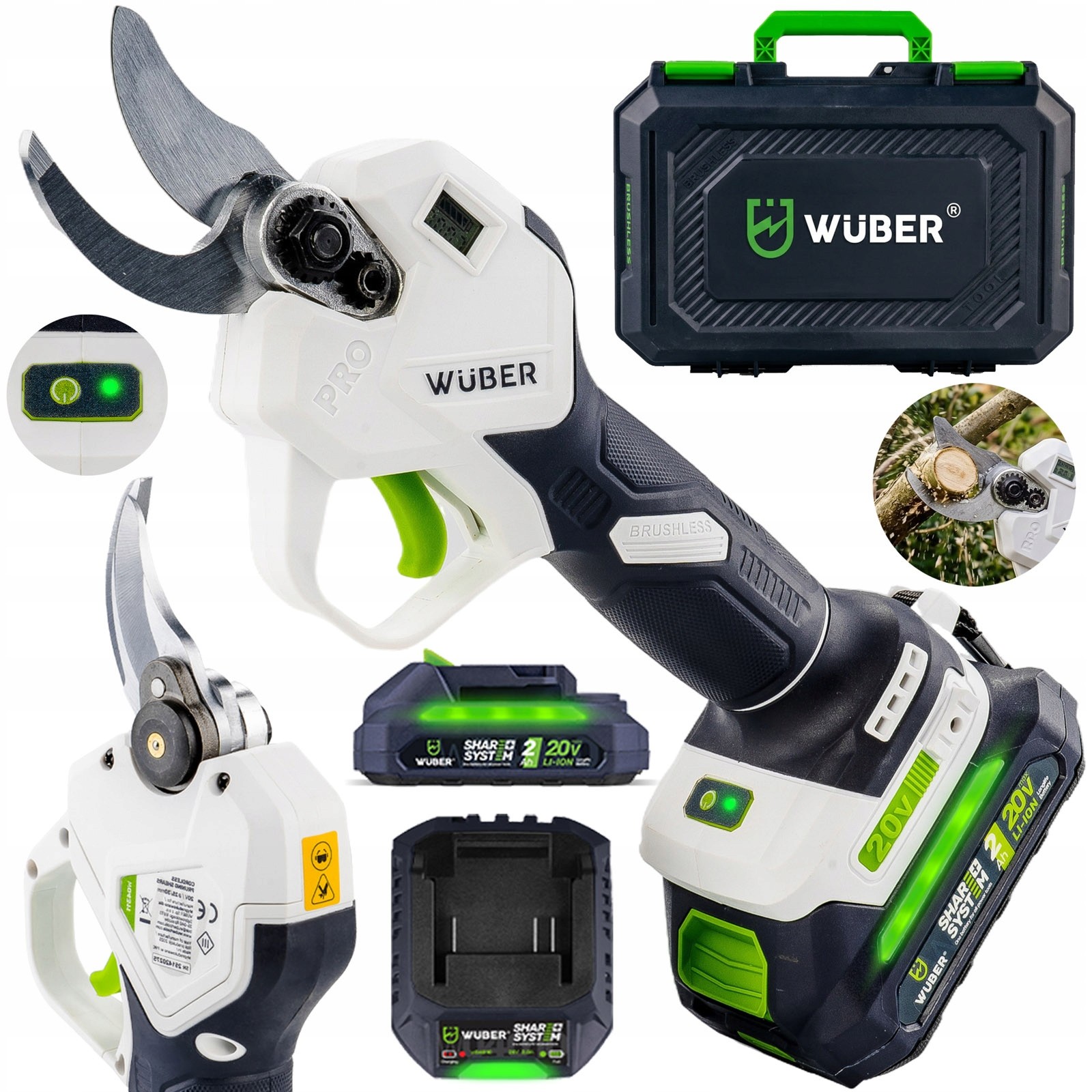 Wuber 20V akumulátorové záhradné nožnice 30 mm | LCD displej, 2,0 Ah