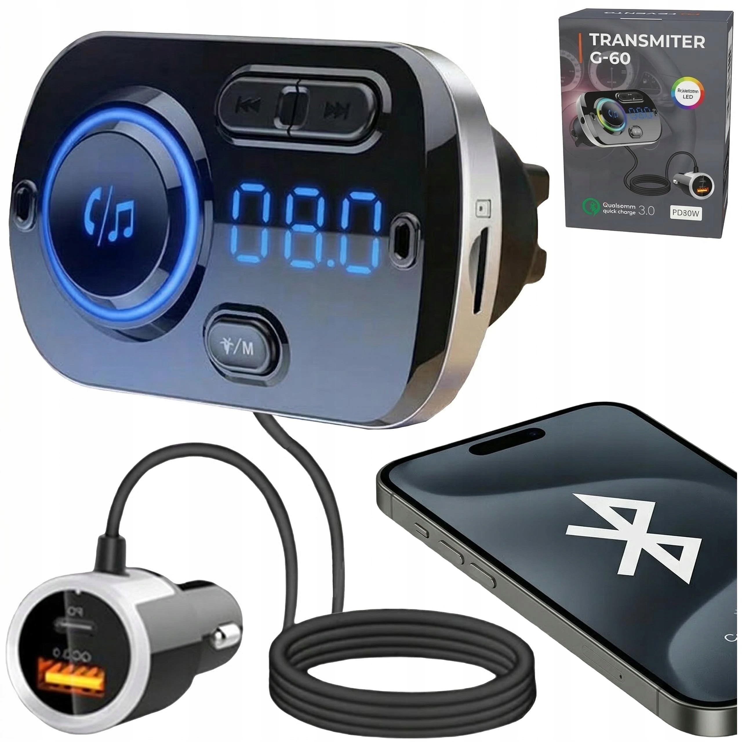 Bluetooth FM vysielač REVENTO G60 – USB-C, AUX, Bluetooth 5.0, handsfree, rýchla nabíjačka do auta 12–24V
