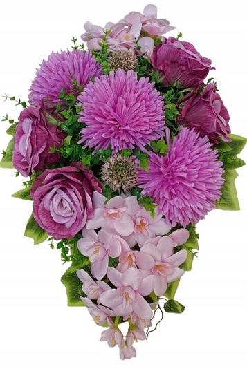 Umelecký Kvetinový Aranžmán na Hrob - Fialové Chryzantémy, Ruže a Orchidey