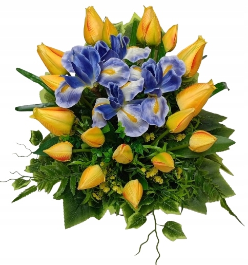 Krásna umelá kvetinová kompozícia tulipánov a írisov vo váze