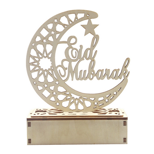 Drevená dekorácia Mesiaca s LED osvetlením pre Eid Mubarak