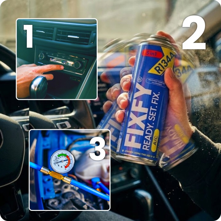 FIXFY 3v1 – doplnenie klimatizácie R134a 2×500ml s olejom a tmelom, jednoduchá inštalácia