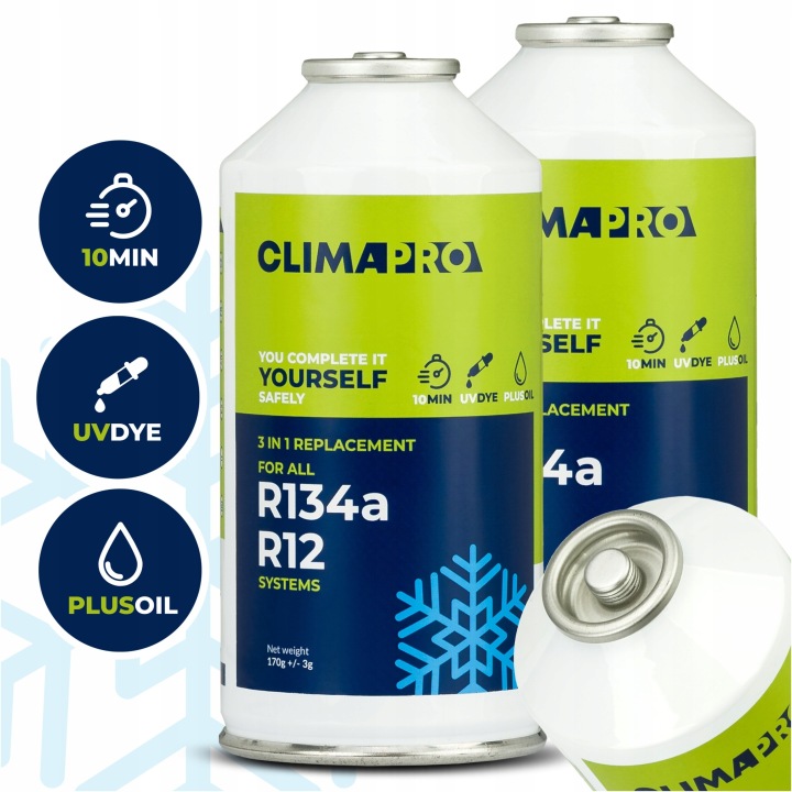 ClimaPro 3v1 2x170g – doplnenie klimatizácie R134a/R12, olej a UV farbivo, rýchle a bezpečné použitie