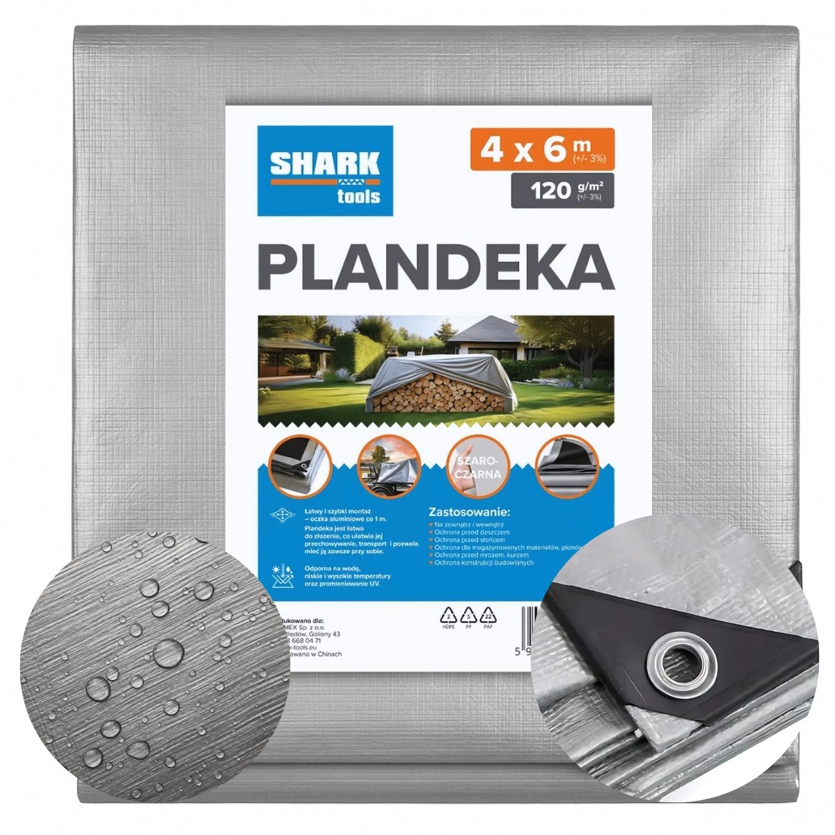 Odolná Plachta SHARK TOOLS 4x6m, Sivá-Čierna, UV a Mrazuodolná