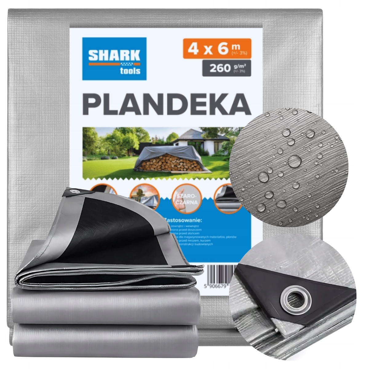 Odolná plachta SHARK TOOLS 4x6m siva, 260g/m², UV a mrazuvzdorná, pre viacúčelové použitie