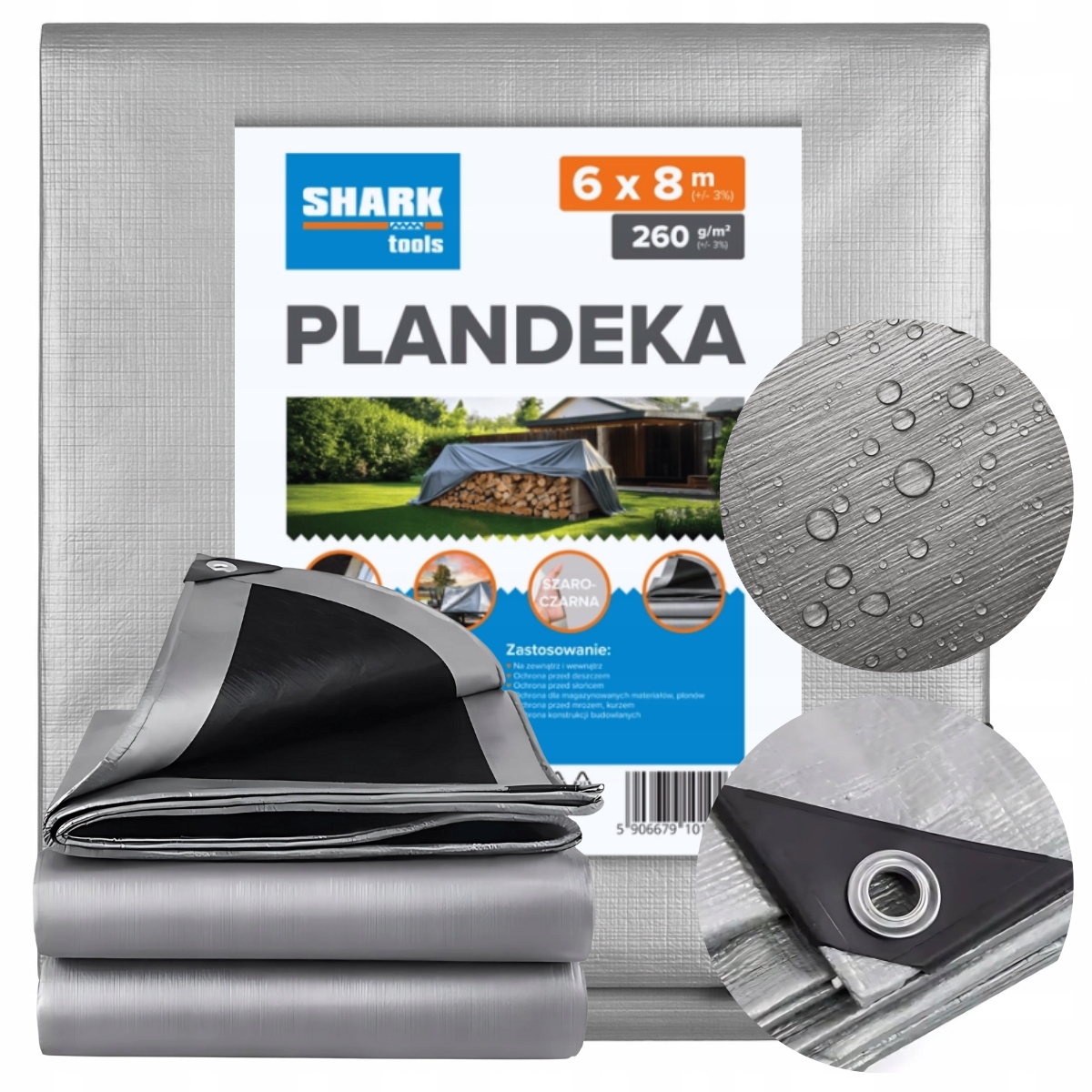 Víceúčelová plachta SHARK TOOLS 6x8m, šedo-černá, odolná proti UV a mrazu