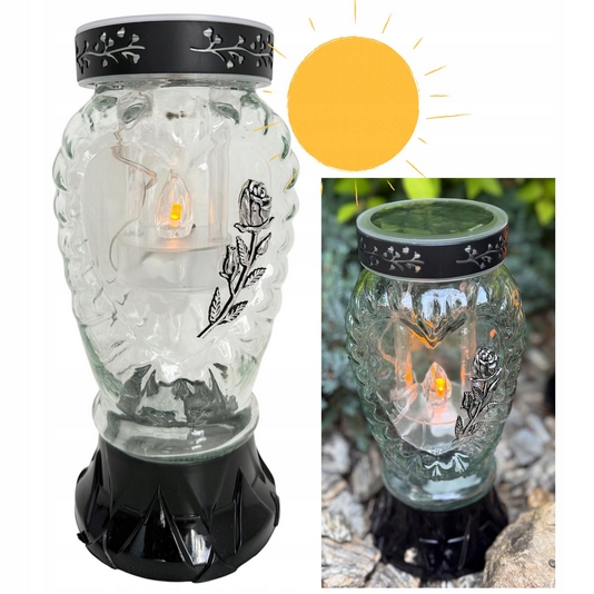 Moderný sklenný solárny lampáš so striebornou ružou - ideálna dekorácia hrobu