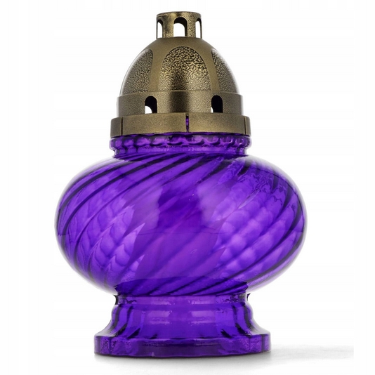 Sklenný fialový lampáš 28cm so zlatým krytom