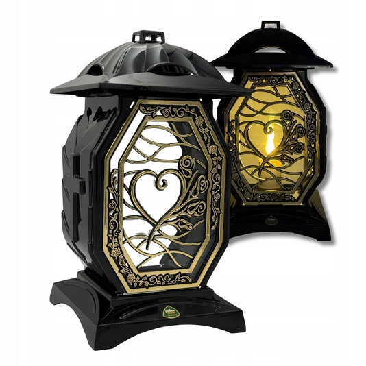 Elegantný čierny lampion so zlatým srdcom pre hrob - 31 cm