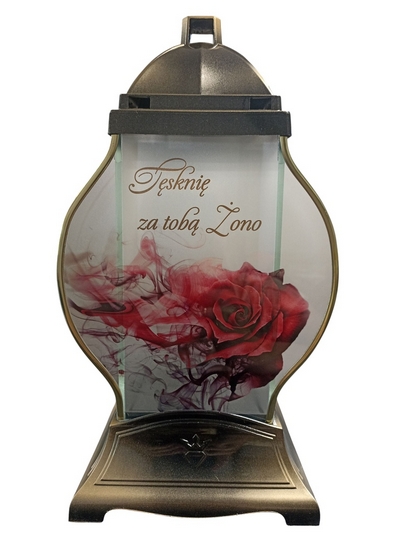 Lampa kaplnka s nápisom "Chýbaš mi, manželka" s červenou ružou