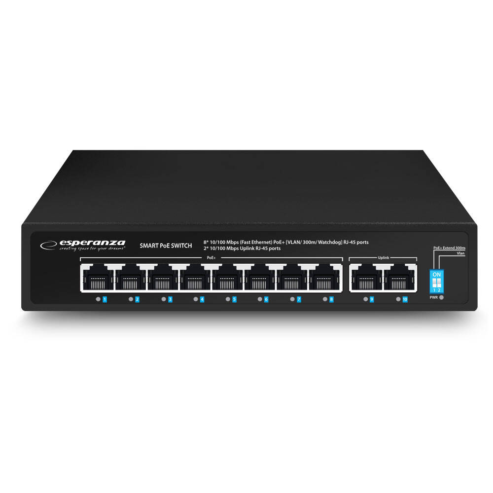 IP CCTV monitorovací switch 10-portový 100MB 8xPOE 96W Esperanza