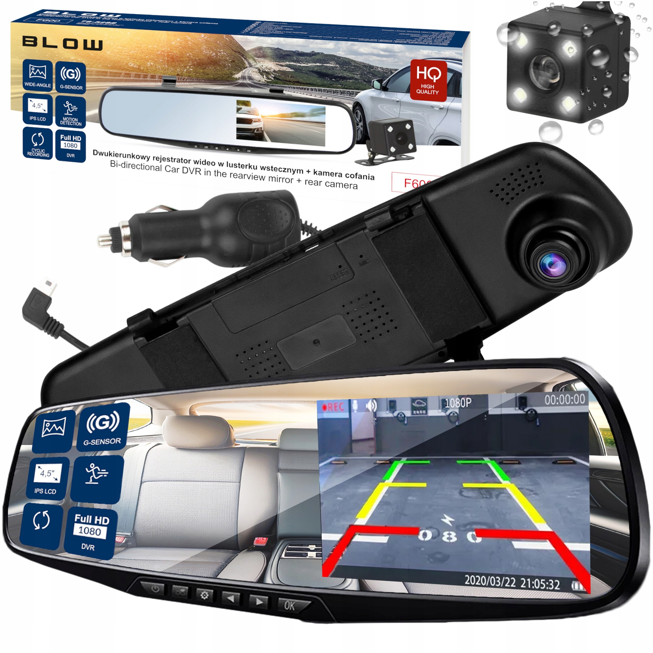 Autokamera BLOW Blackbox F600 Full HD – zrkadlový DVR 2 kamery, cúvacia kamera, G-senzor
