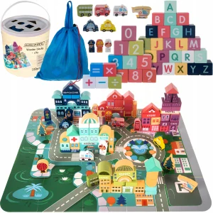 Drevené kocky Kruzzel Mesto so 100 dielikmi a cestným puzzle