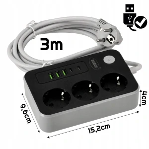 Predlžovací kábel - Power Prolonger 3 Sockets + USB + Micro 3M