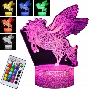 Detské nočná lampa - 3D LED lôžková lampa Hologram Unicorn +diaľkové ovládanie