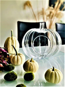 Halloween dekorácia na stôl - Sklenená tekvica nádoba veľká čokoládová skrinka H25 D23