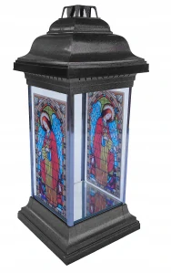Kaplnková sviečka sklenená lampáš vitráže 36 cm strieborná