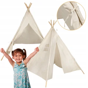 Tipi stan Wigwam indický detský domček 135 cm plátno + drevené Ecru okno