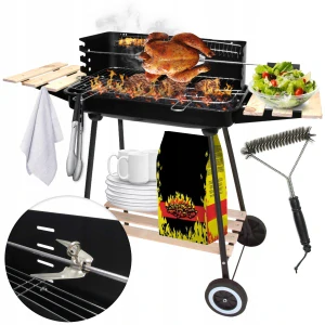ZÁHRADNÝ GRIL NA UHLIE XXL SET DREVENÉ REGÁLY 104cm MRIEŽKOVÝ PLECH