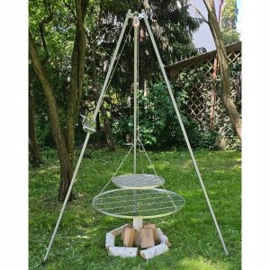 Záhradný gril statív 225cm nerez 2 rošty 50 a 90cm navíjacie lano