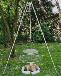 Záhradný gril statív 250cm nerez 2 rošty 50 a 80cm navíjacie lano