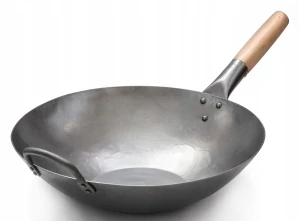 Originálny plochý wok Craft Wok, ručne kovaný z uhlíkovej ocele s drevenou rukoväťou (36 cm)