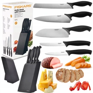 Kompletný Set 5 Nožov Fiskars s Dreveným Blokom