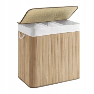 Bambusový koš na prádlo a hračky, trojkomorový, prírodný, 3 x 50 l