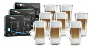 Elegantné sklenené šálky na latte s uchom FilterLogic CFL-675B - sadu 8 kusov (2 grátis)
