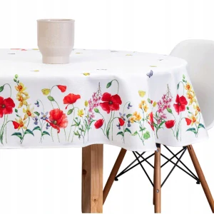 Oválny obrus biely s červenými makmi, odolný voči škvrnám - 130x180 cm