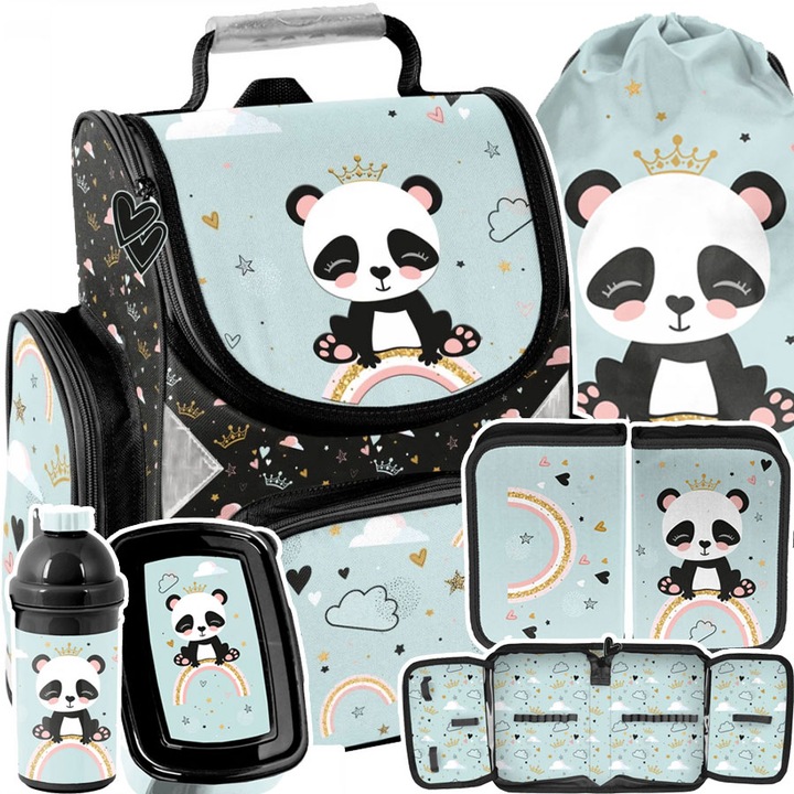 Školský batoh - taška Panda pre 1 stupeň 5 v 1