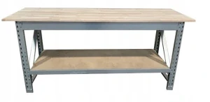Pracovný stôl dielenský 200x65x90 cm s policou – pevný oceľový rám, buková doska, nosnosť 300 kg