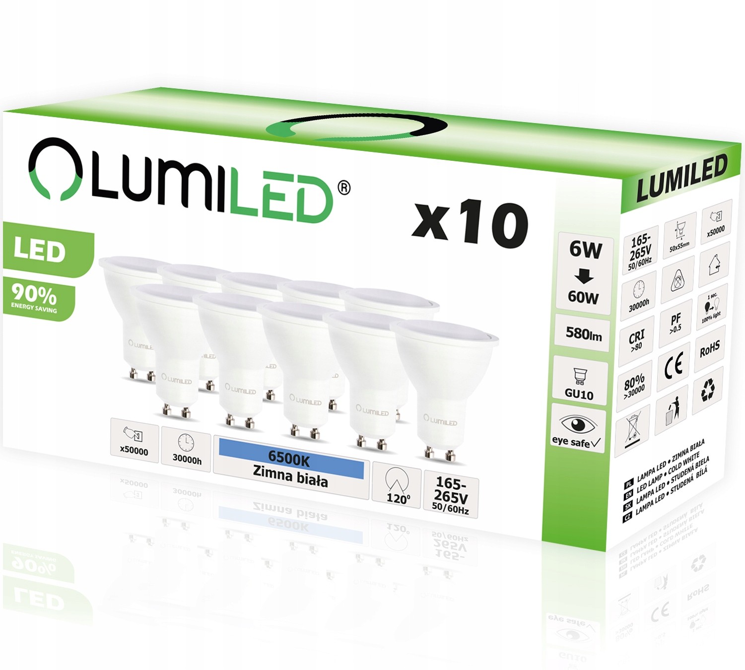 LED žiarovky Lumiled GU10, 6 W, 580 lm, 6500 K, 10 kusov