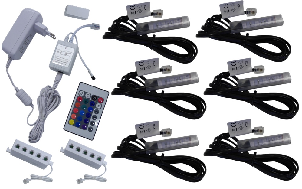 6x RGB LED klipy pre sklenené police súpravy