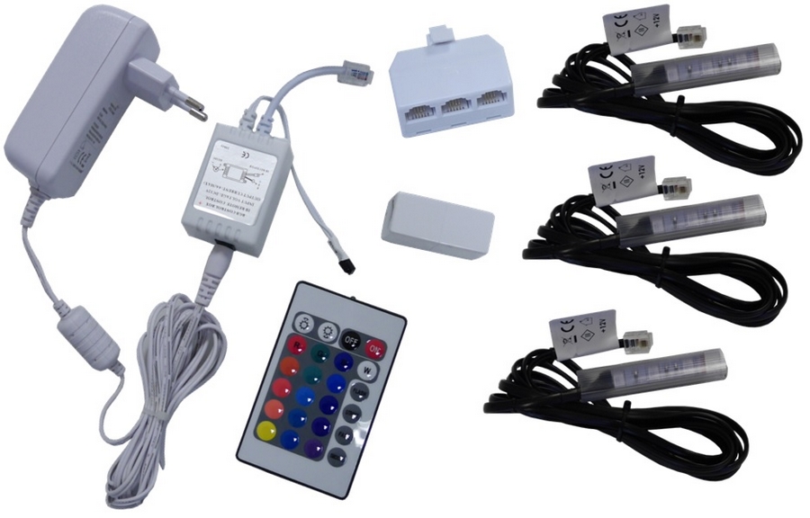 3x RGB LED klipy pre sklenené police súpravy