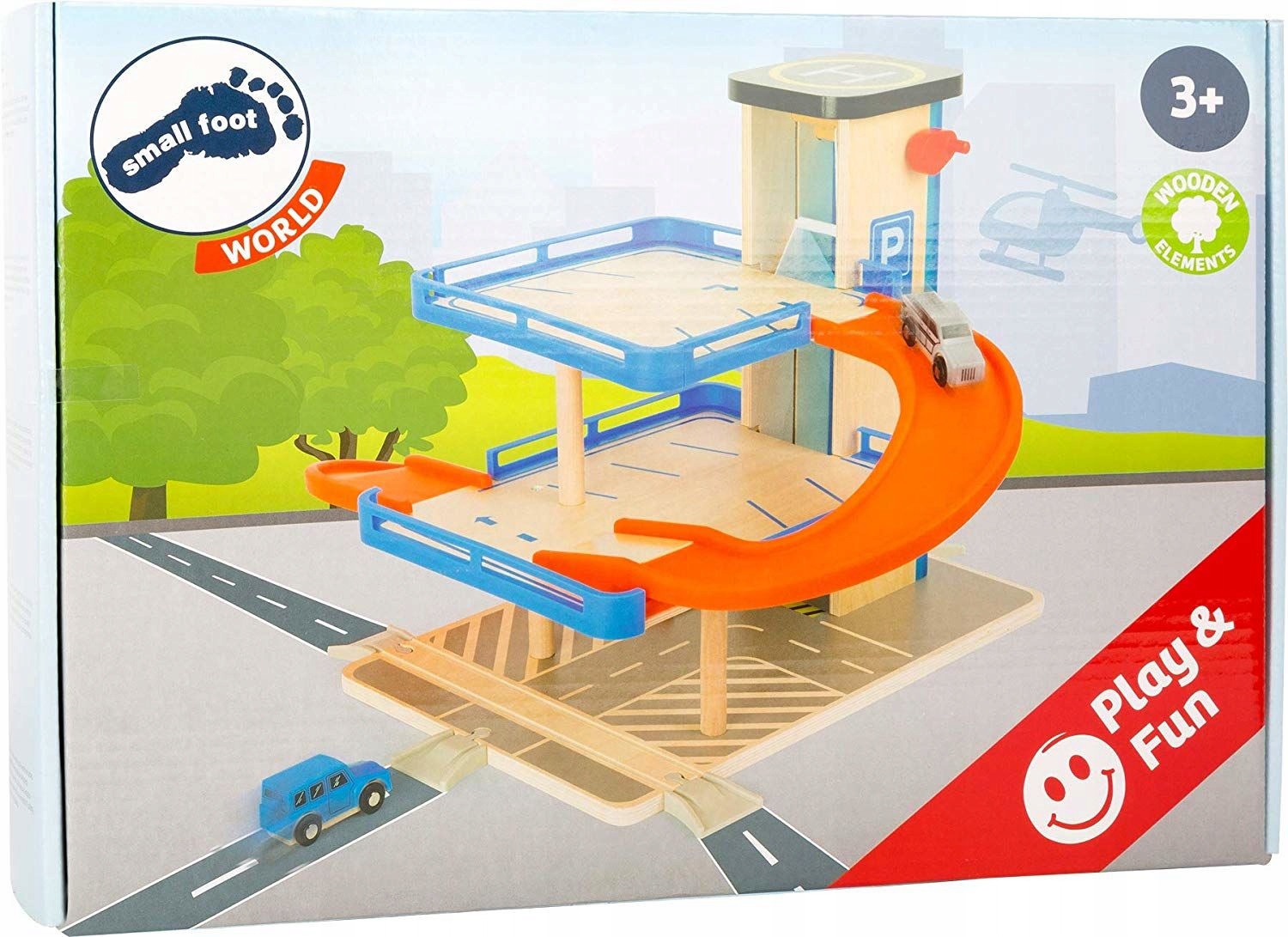 Veľká drevená parkovacia garáž s výťahom a automobilmi