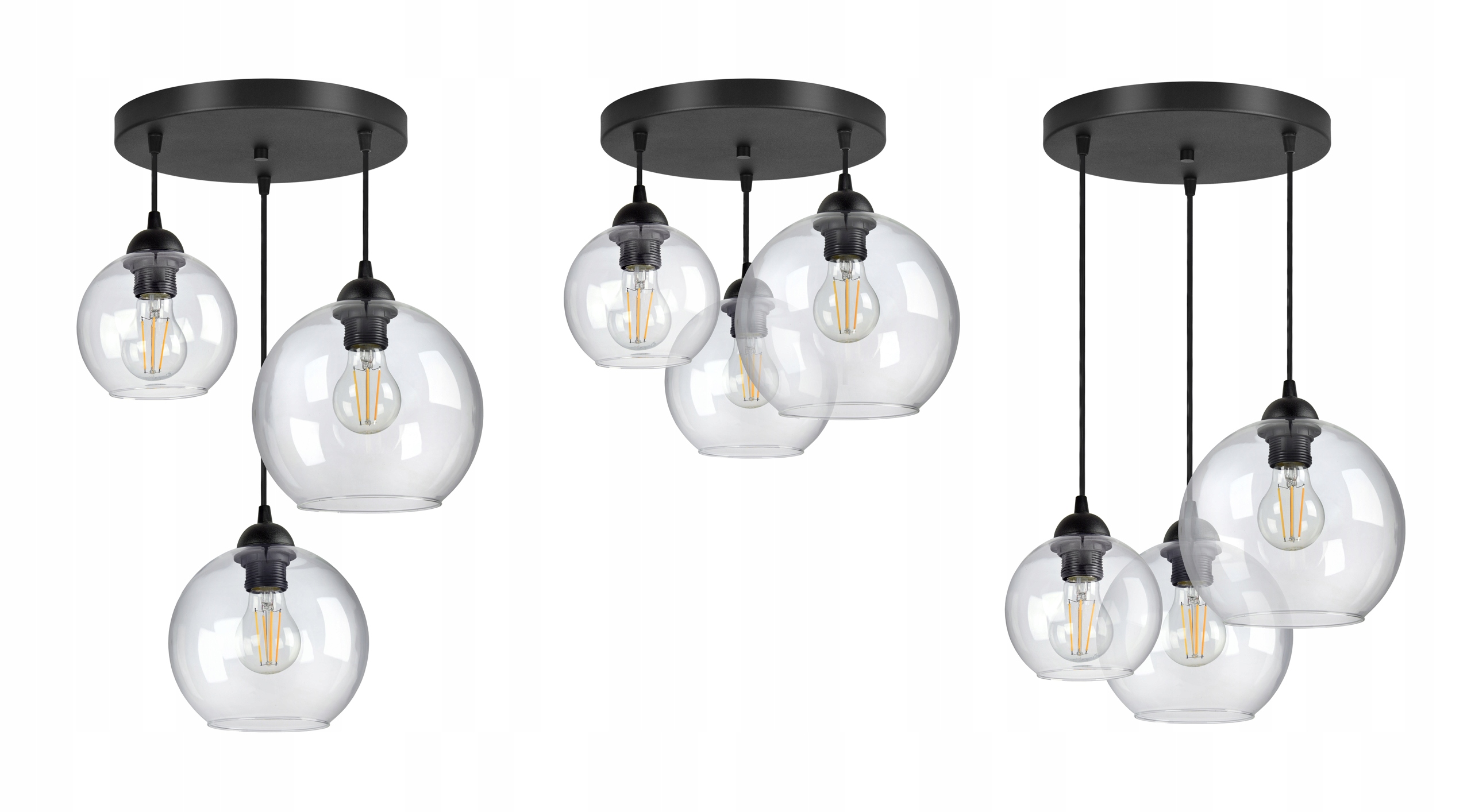 Luster Luster Tri rôzne sklenené priehľadné gule