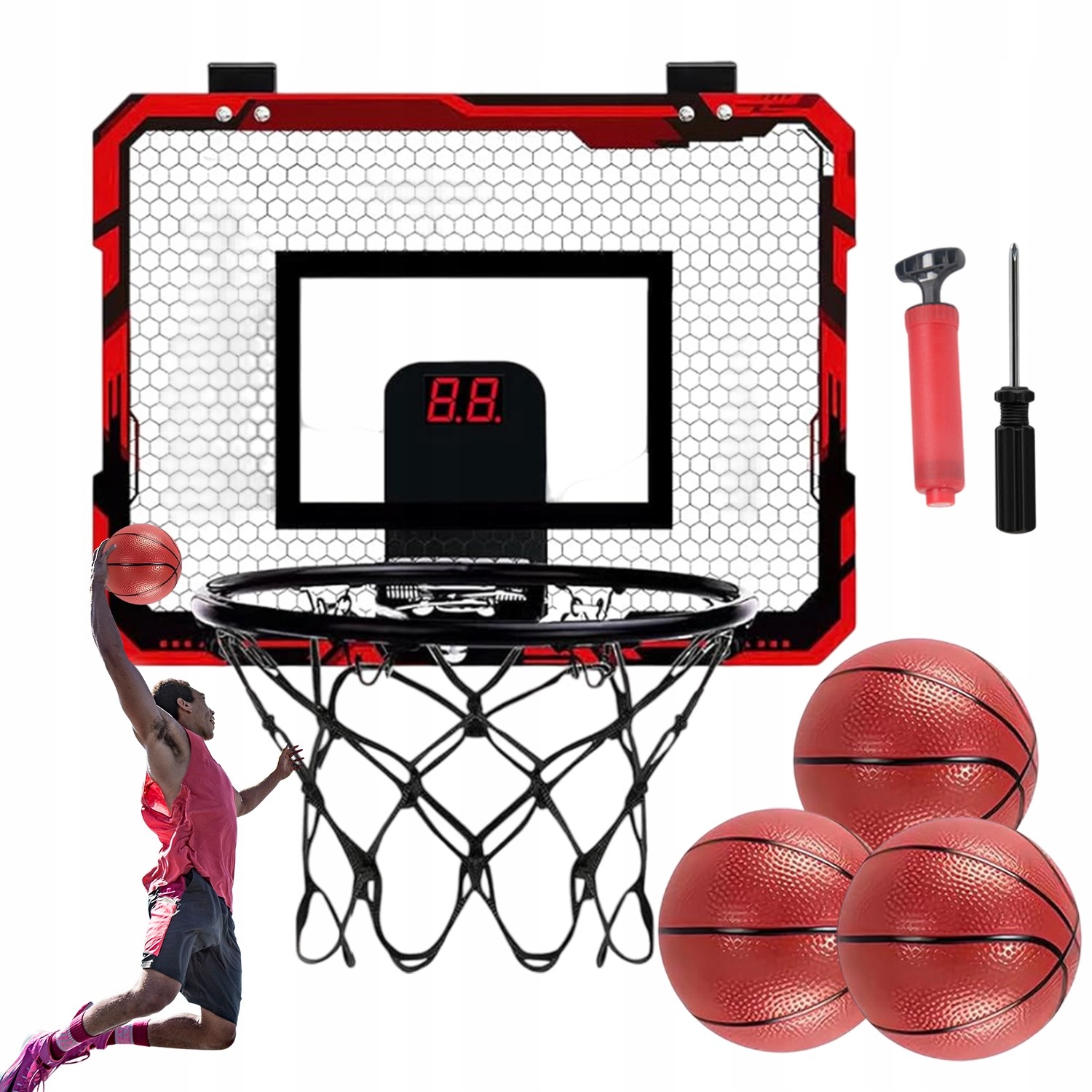 basketbalový kôš, nástenný basketbalový kôš s 3 loptami