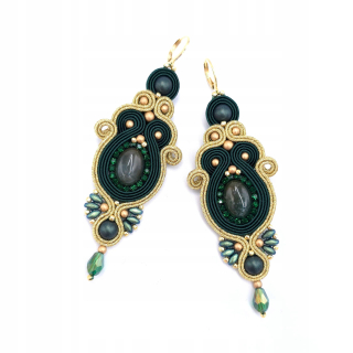 Dlhé soutache náušnice "Chiara" zo zeleného zlata s machovým achátom