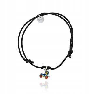 Detský strieborný náramok, čierna šnúrka, modrý traktor 925