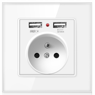 Zásuvka - Sklenená zásuvka s 2x USB bielym kontaktom + môže